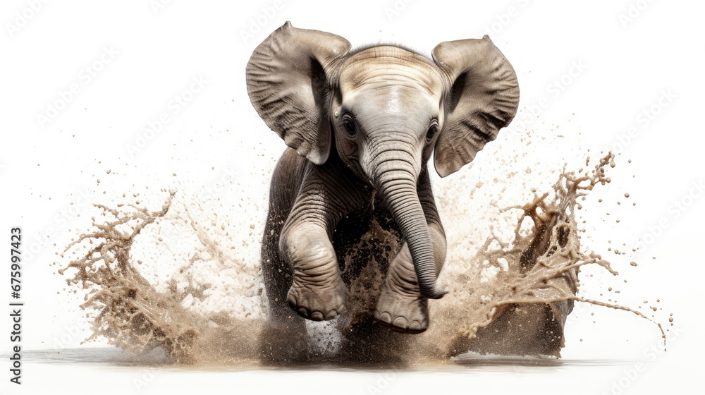 Poster an elephant is running through the water with its trunk in the air and it's head in the air. generat
