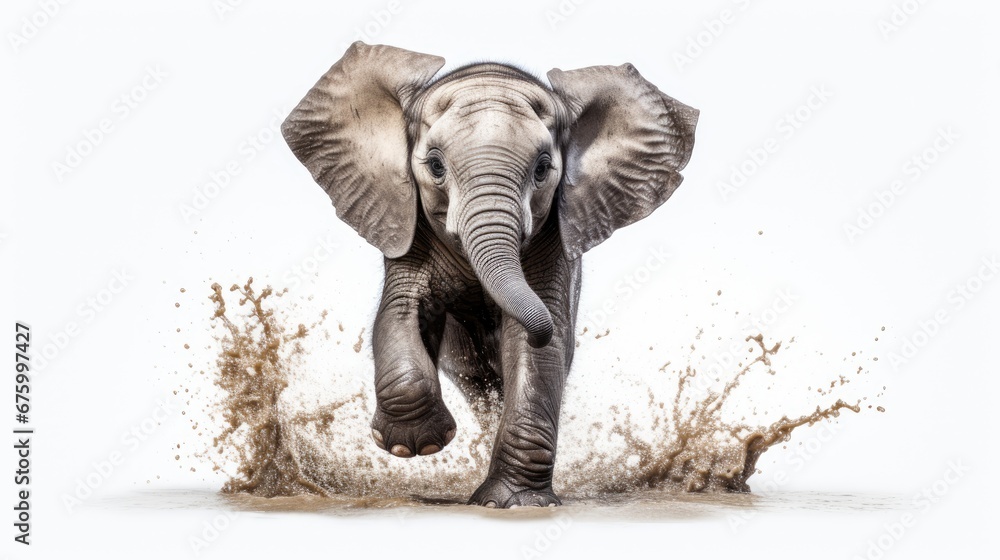 Poster an elephant is standing in the mud with its trunk in the air and it's trunk in the air. generative a