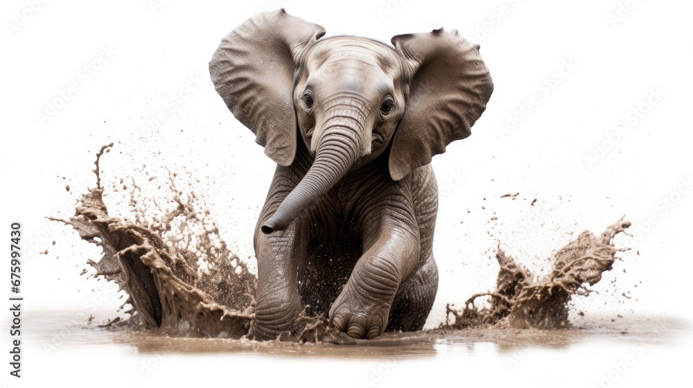 Poster an elephant splashing in the water with it's trunk in the air and it's trunk in the air. generative 