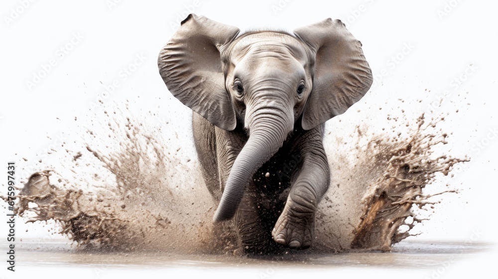 Poster an elephant splashing through a body of water with it's trunk in the air and it's trunk in the air. 