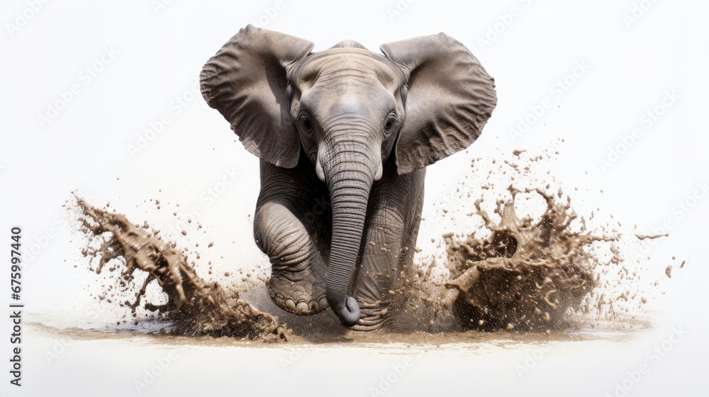 Poster an elephant that is standing in the dirt with it's trunk in the air and it's face in the mud. genera