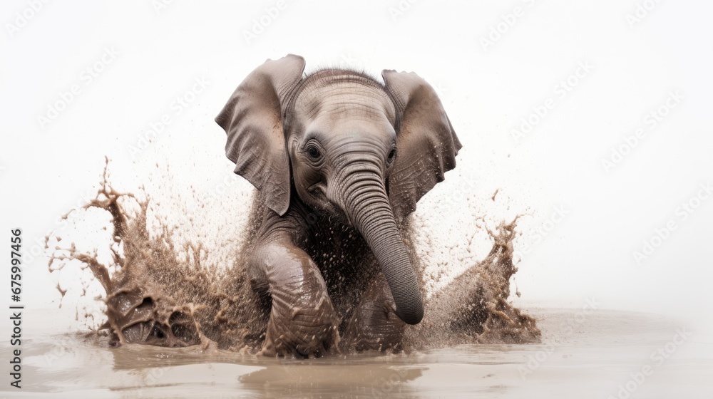 Poster an elephant splashing in the water with it's trunk in the air and it's trunk in the air. generative 