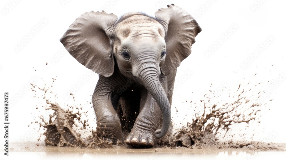 Poster a baby elephant playing in the water with it's trunk in the air and it's trunk in the air. generativ