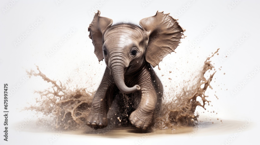 Poster a baby elephant splashing through a puddle of water with it's trunk and tusks sticking out of it's t