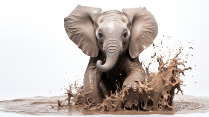  a baby elephant splashing in a puddle of brown water with it's trunk in it's mouth.  generative ai
