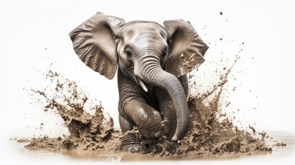  an elephant is playing in the mud with it's trunk in the air and it's trunk in the air.  generative ai