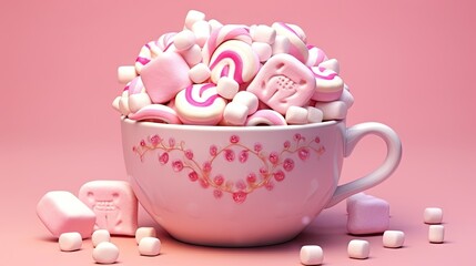 Obraz na płótnie Canvas a cup filled with marshmallows next to a pile of pink marshmallows on a pink background. generative ai