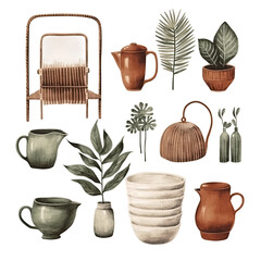 Vintage handmade decor: Scandinavian watercolor elements, without background in PDF format