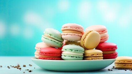 Fototapeta na wymiar a plate full of colorful macaroons sitting on a blue tablecloth with other macaroons in the background. generative ai