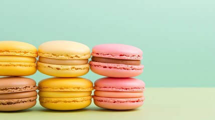 Obraz na płótnie Canvas a stack of macaroons sitting next to each other on top of a green and blue background with one macaroon sitting on top of the other macaroons. generative ai