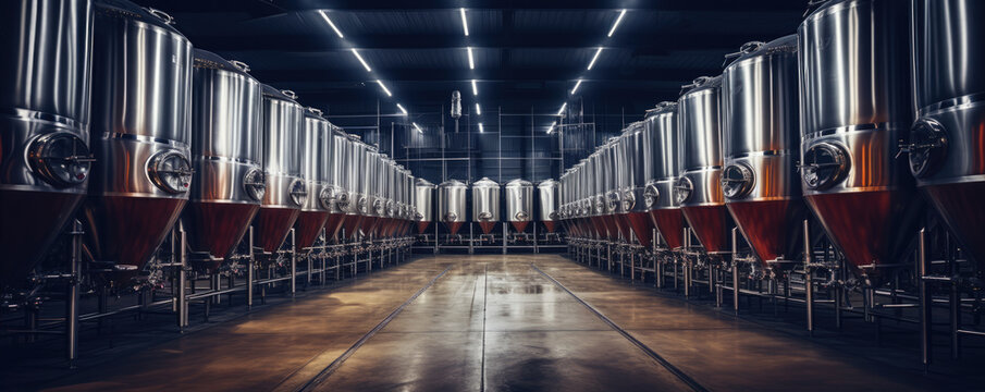 Fermentation beer tanks in row. Shiny metal modern brewery tanks in beer company.