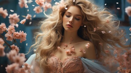 A beautiful young girl dances in nature, spring flowers swirl and fly around her.