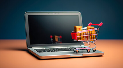 promotion concept, shopping cart on laptop with blank display