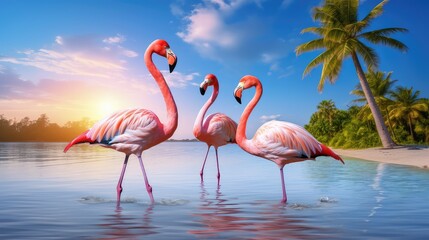 Beautiful flamingos on the beach against the backdrop of the sea, beach and palm trees