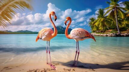 Beautiful flamingos on the beach against the backdrop of the sea, beach and palm trees