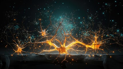 Neuronal learning, 3d neurons forge new connections, strengthening the cognitive brain abilities, Neurons in brain energy, brain's neurons fire in synchrony, brainstem and neurology, axon flame, gold - obrazy, fototapety, plakaty