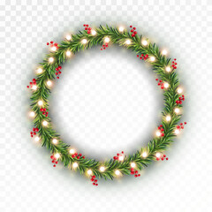 Christmas tree round border with green fir branches, red berries and gold lights isolated on transparent background. Pine, xmas evergreen plants circle frame. Vector ring string garland decor - obrazy, fototapety, plakaty