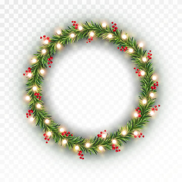 Christmas tree round border with green fir branches, red berries and gold lights isolated on transparent background. Pine, xmas evergreen plants circle frame. Vector ring string garland decor
