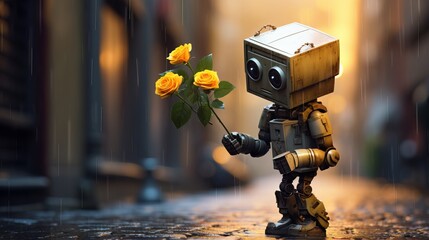 Rusted Robot Delivering Yellow Roses in Rainy Urban Alleyway