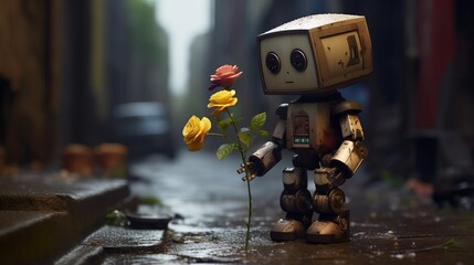 Lonely Robot Holding a Rose in a Rainy Urban Alleyway