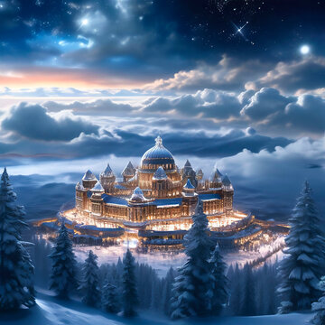fantastic winter landscape, palace in the winter forest