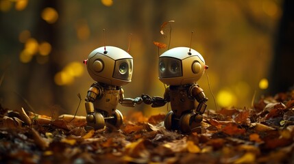 Yellow Silver Toy Robots Expressing Friendship in Autumn Forest