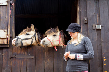 Pretty teenage girl stands by wooden stable door as two look a like dun ponies horses look over...
