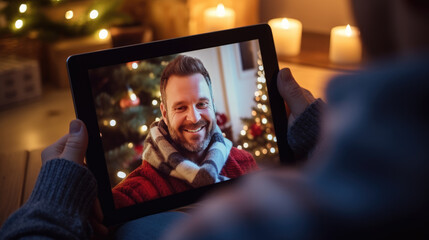 A person communicates with his relative via video call on a tablet on Christmas Eve - obrazy, fototapety, plakaty