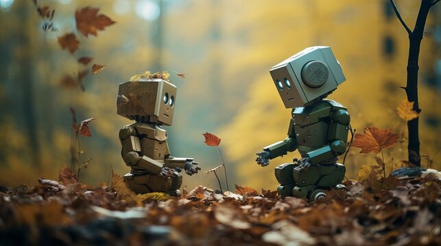 Autumn Encounter: Two Robots Exploring a Forest in Fall