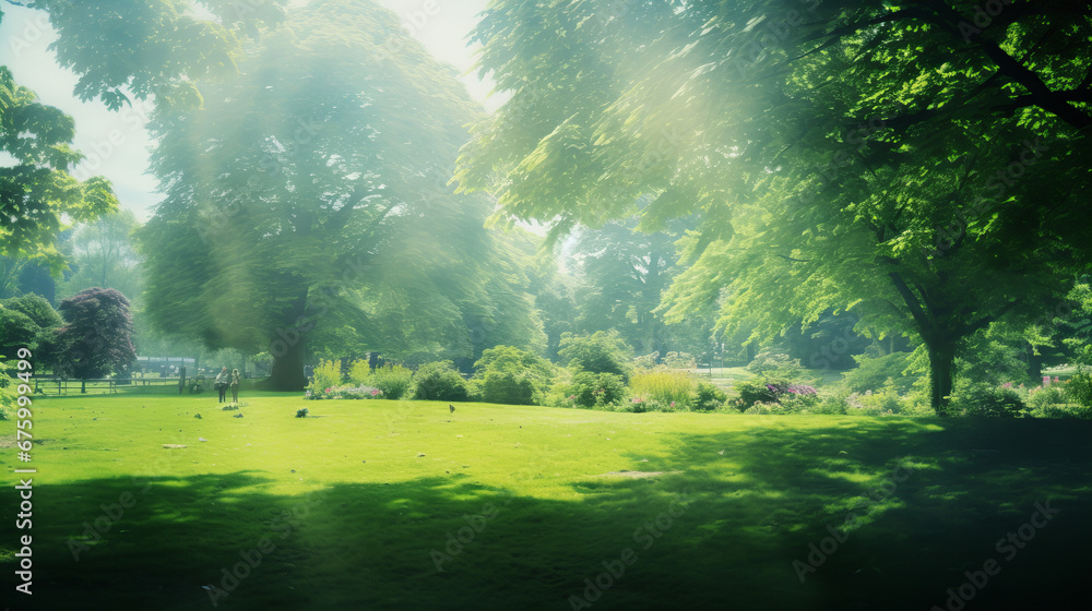 Wall mural misty and blurry morning in the park full of lush, fresh greenery