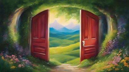 door in the field  A painting with a door to fairy land and a landscape. The painting is colored with watercolor and oil