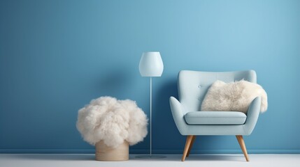 Modern living room interior composition with fluffy armchair, wooden commode and modern home accessories. Blue wall. Template. Copy space. Home staging