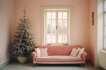 Interior of a living room with a Christmas tree, pink sofa and window. Cozy home. Pastel colors.