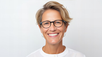 close-up portrait of a smiling,  middle-aged, short haired, blonde woman wearing glasses and earrings - obrazy, fototapety, plakaty