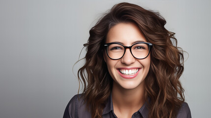 Obraz premium close-up portrait of a young, smiling woman with glasses wearing a black shirt