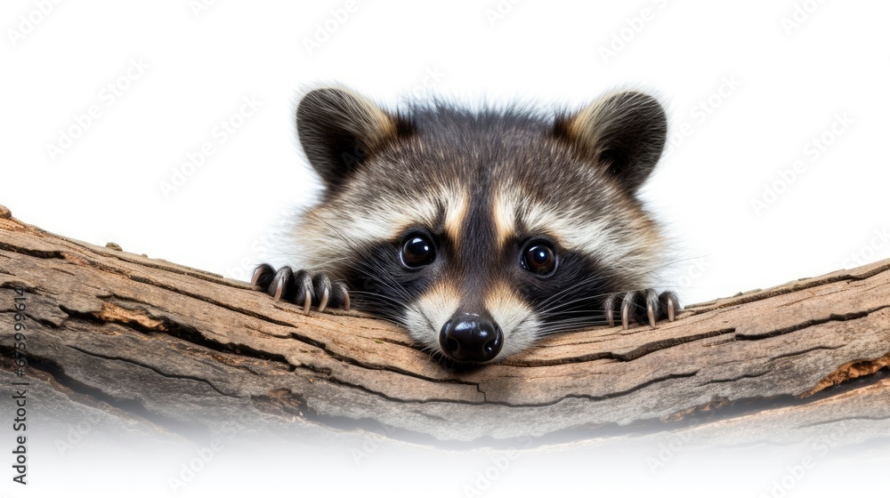 Aufkleber a raccoon peeks out from behind a tree branch with its paw resting on a piece of wood. generative ai