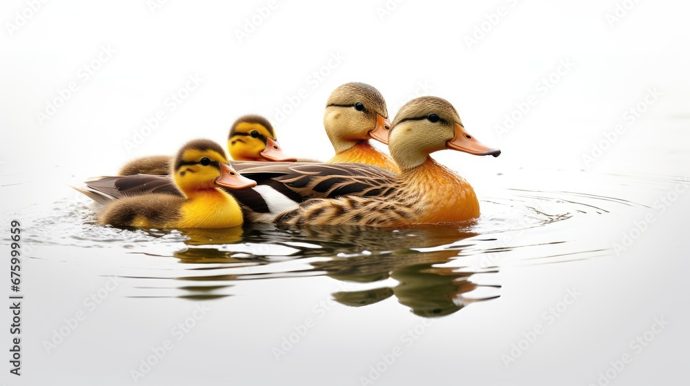 Poster a group of ducks floating on top of a lake next to each other on top of a body of water. generative 