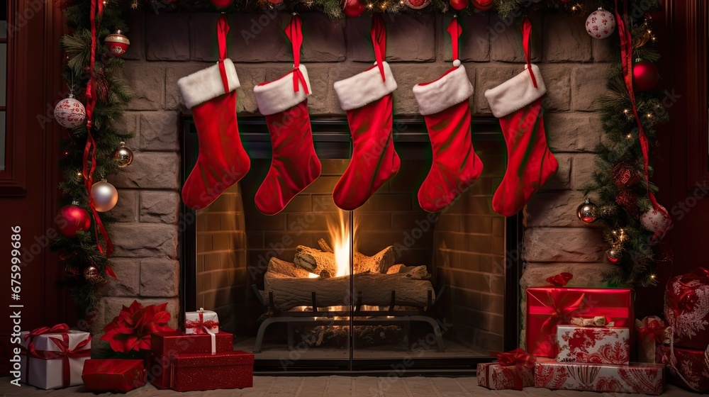 Poster  a fireplace decorated for christmas with stockings hanging from the mantle and presents under the stockings and a fire in the fireplace.  generative ai