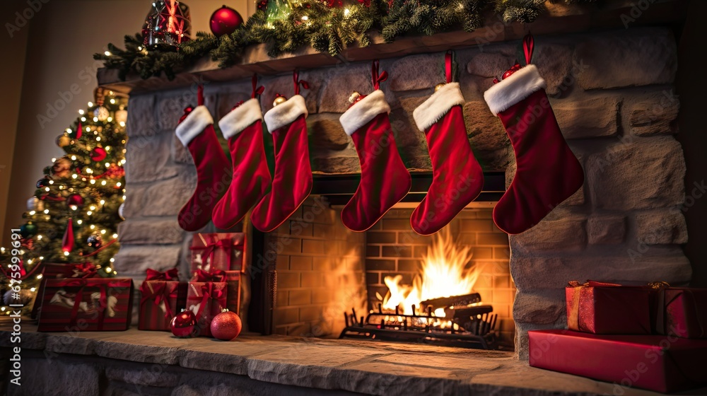 Poster  a fireplace decorated for christmas with stockings hanging from the mantle and a christmas tree in the corner of the fireplace.  generative ai