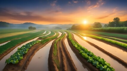sunset in the mountains farmers grow their crops long thin vegetable gardens which float river - obrazy, fototapety, plakaty