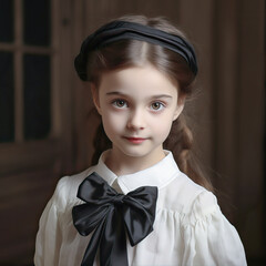Cute girl with wavy hair, wearing a white blouse with a black bow