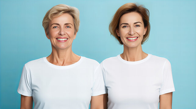 portrait of two middle-aged, smiling women wearing white t-shirts. They are looking at the camera, light blue background