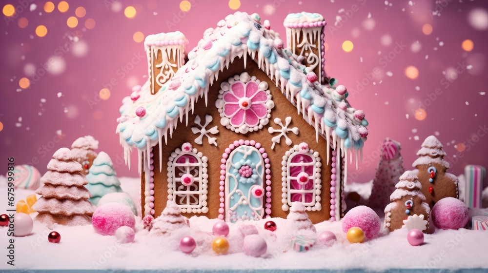 Poster a close up of a gingerbread house on a table with other gingerbreads and trees in the snow. generati