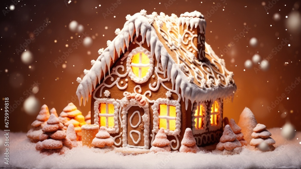 Poster a gingerbread house is decorated with icing and lite - up windows in the snow with trees and snowfla