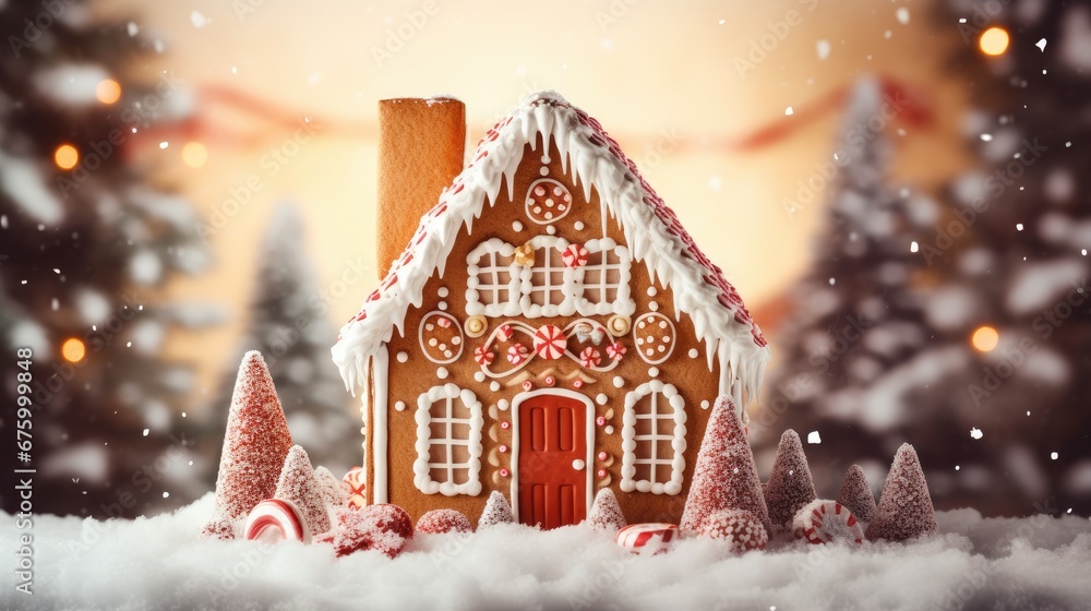 Poster a christmas scene with a gingerbread house in the middle of a snow - covered field with trees and li