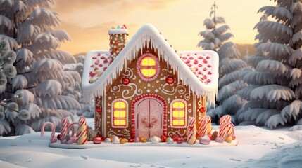  a gingerbread house with candy canes and candy canes in front of snow covered trees and a sunset.  generative ai
