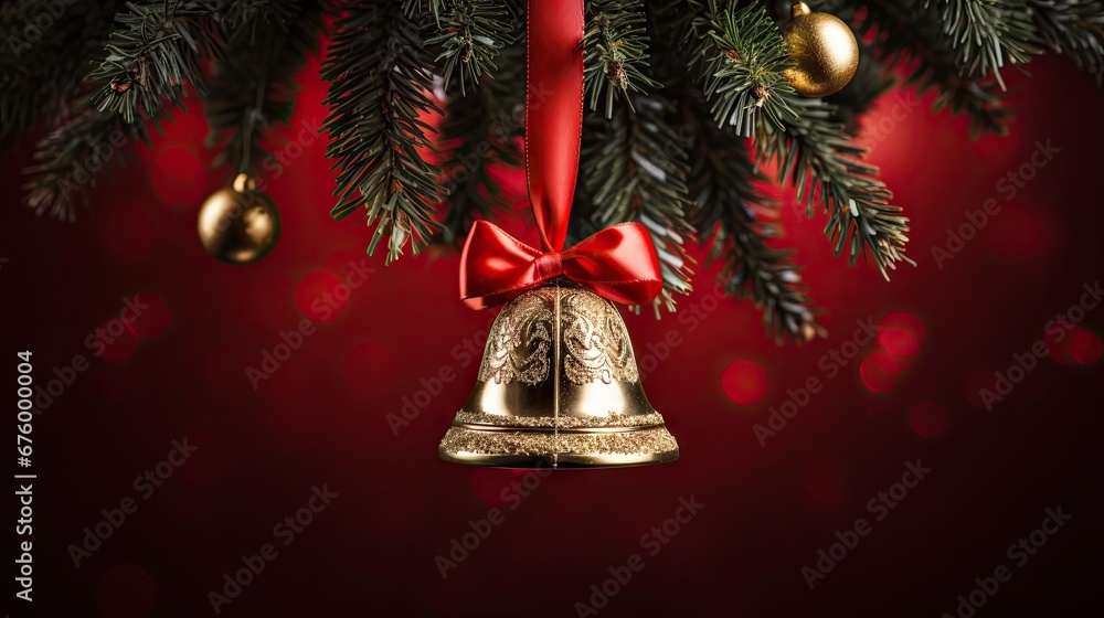 Poster a bell hanging from a christmas tree with a red ribbon and a red bow on it's front end. generative a