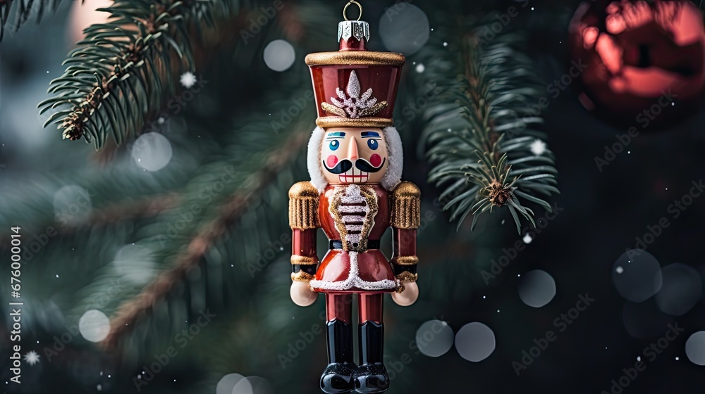 Poster a nutcracker ornament hanging from a christmas tree in front of a blurry background of snow. generat
