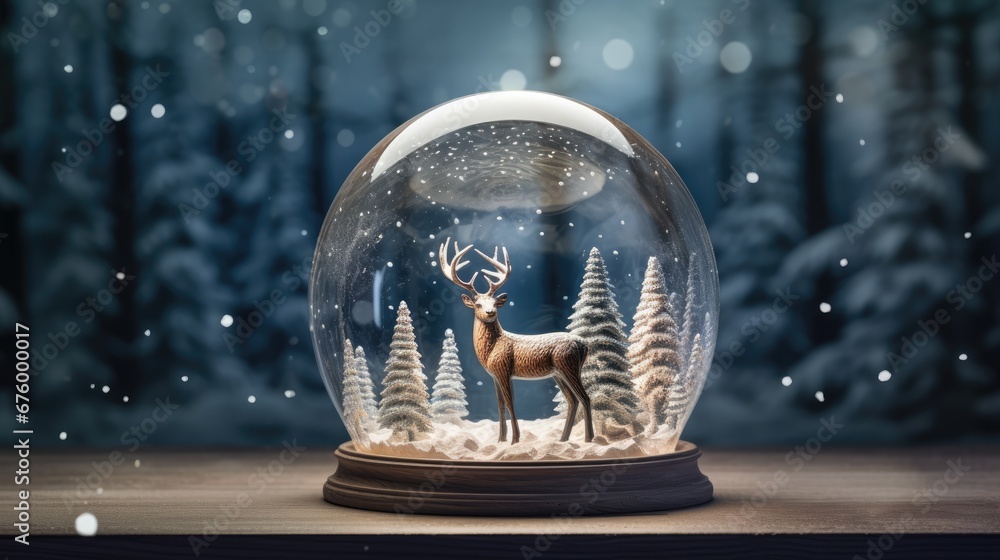 Poster a snow globe with an image of a deer in a snowy forest in the middle of a night time scene. generati