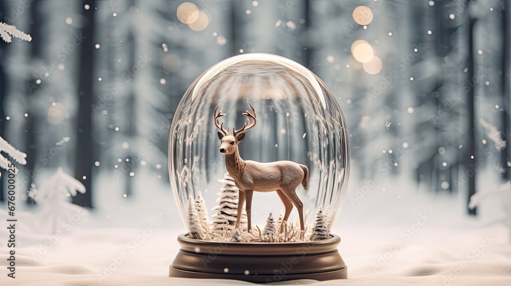 Aufkleber a snow globe with a deer figurine inside of it on a snowy surface with trees and lights in the backg
